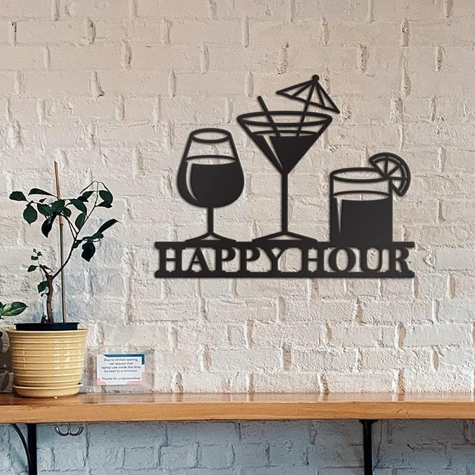 Happy Hour Sign Metal Bar 14"X11" Black Happy Hour Bar Signs for Home Bar Decor Home Bar Signs Wall Art for Bar Out Door Bar Decor