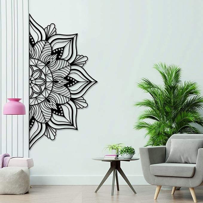 Large Metal Mandala Wall Decor, Unique Lotus Flower Wall Art, Suitable for Office and Home Indoor and Outdoor Decoration (Black, 45''x22.6''  114x57.5cm)