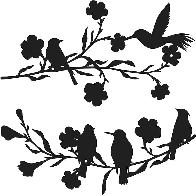2 Pieces Metal Birds Wall Art Decor on Branch Metal Birds Silhouette Wall Sculpture Black Leaves Flowers and Metal Art Wall Decor for Home Garden Balcony Indoor Outdoor Decor-Flower