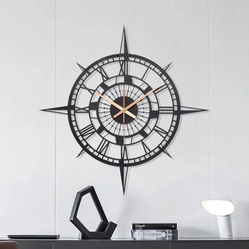 Metal Compass Large Wall Clock, Modern Wall Clock, Minimalist Wall Clock, Unique Wall Clock, Industrial Wall Clock, Livingroom Wall Clock