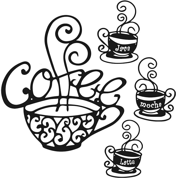 4 Pieces Metal Coffee Cup Wall Decor Wire Coffee Sign Cafe Themed Wall Art Vintage Coffee Decorations for Kitchen,Coffee Shop,Restaurant,Home (Black)