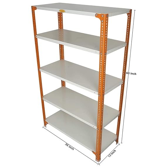 CRC Sheet 5 Shelf Multipurpose Slotted Angle Rack, 60 x 36 x 12 Inch, 24 Gauge [(Orange-Ivory) Powder Coating] 16 Gauge Angles