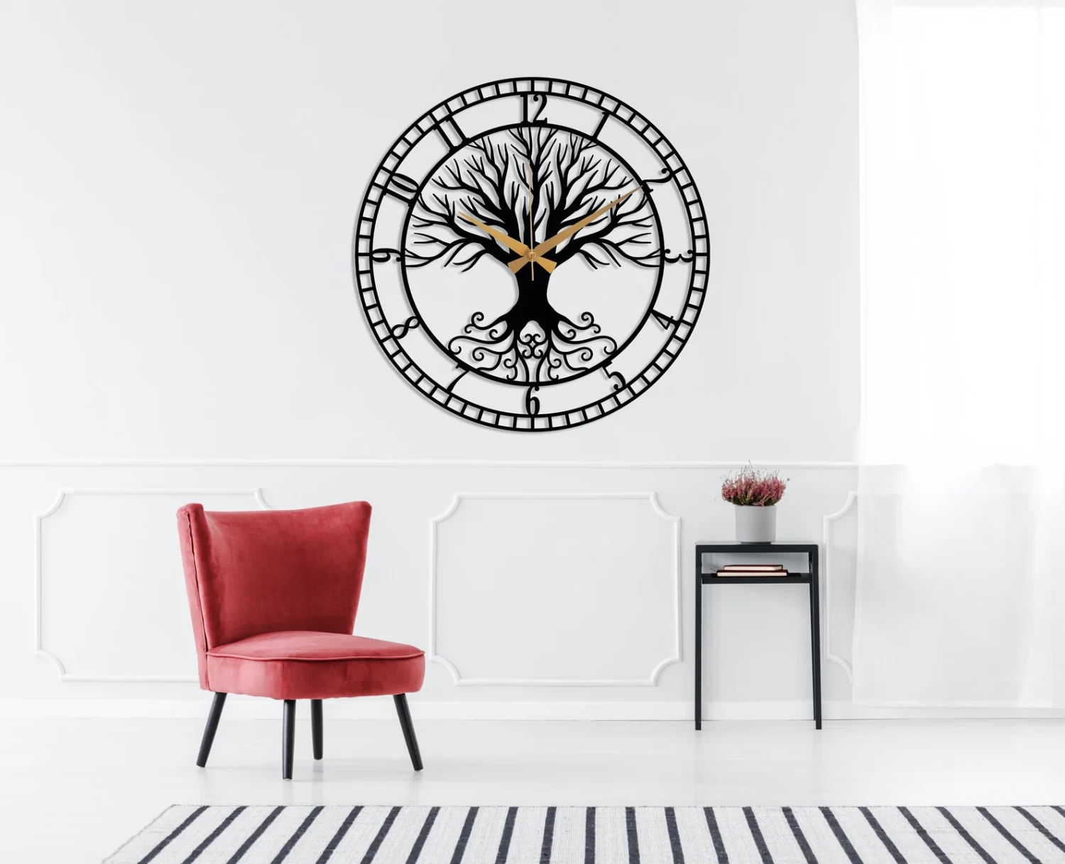 Metal Wall Clock, Black Large Wall Clock, Tree Clock, Silent Mid-Century Wall Clock,Modern Living Room Clock Art,Horloge Murale