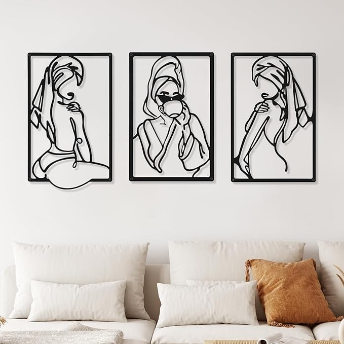 3 Pieces Minimalist Abstract Metal Wall Art - Single Line Drawing of Woman for Kitchen, Bathroom, Living Room (Black,Cup Style)